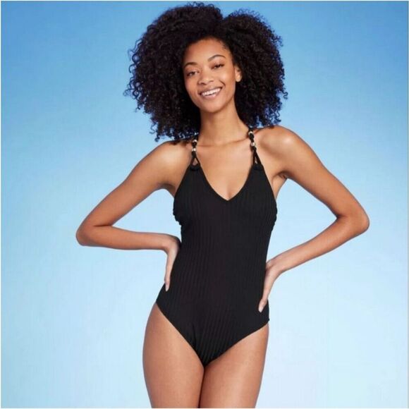 Shade and Shore Black One Piece Ribbed Swimsuit With Beaded Straps Size Small - Picture 1 of 5
